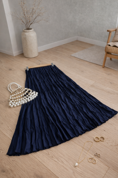Mati Lacivert Kırışık Uzun Etek