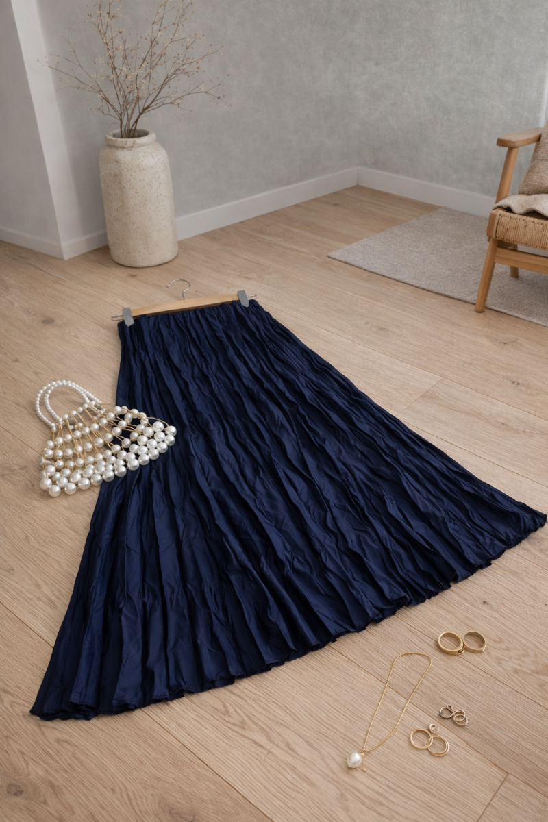 Mati Lacivert Kırışık Uzun Etek