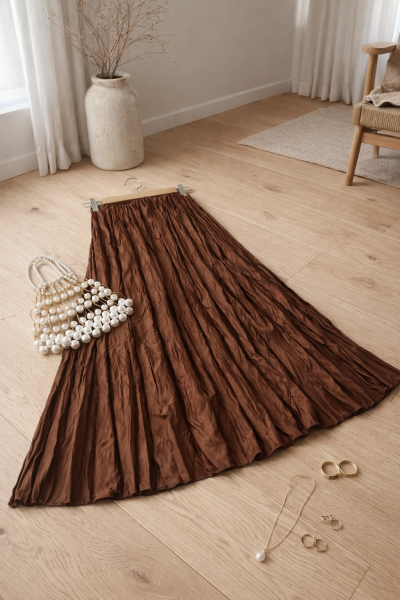 Mati Kahverengi Kırışık Uzun Etek