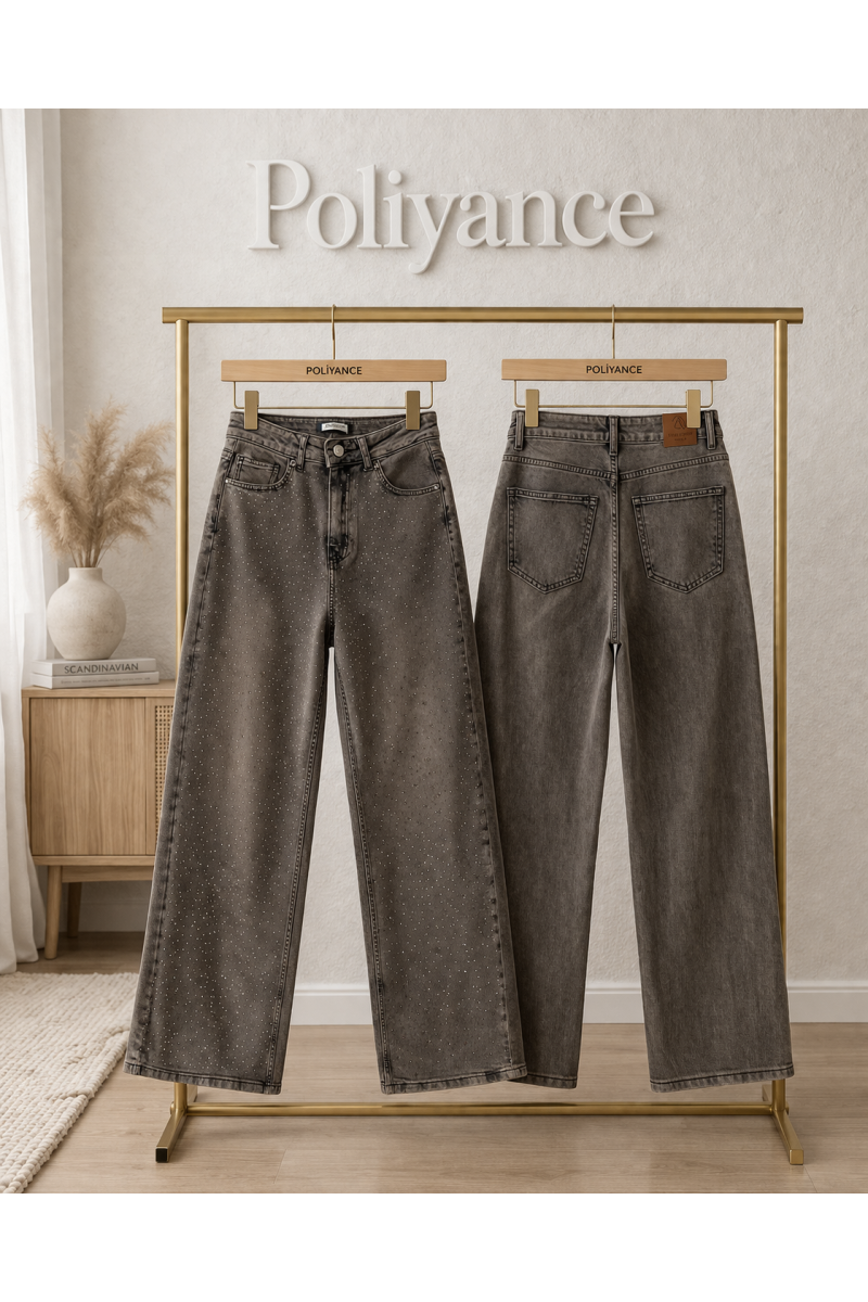 Mayna Kahverengi Taşlı Denim Kot Pantolon