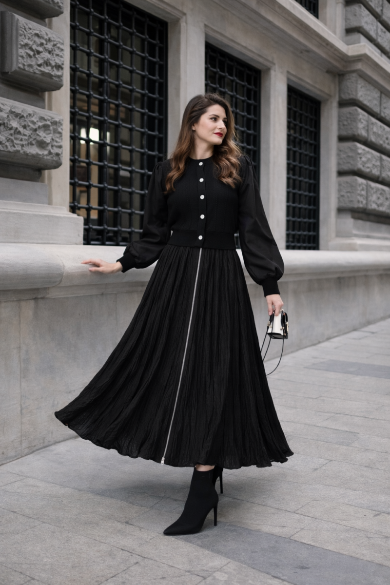 Sara Siyah Fermuarlı Etek