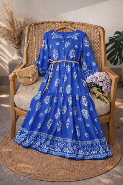 Sayina Mavi Uzun Viskon Elbise