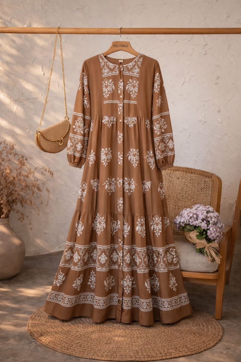 Sayina Camel Uzun Viskon Elbise