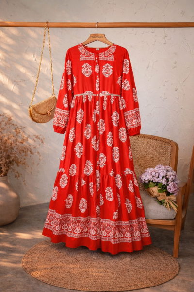 Sayina Kırmızı Uzun Viskon Elbise