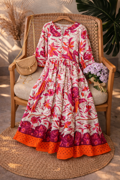 Talya Fuşya Uzun Viskon Elbise